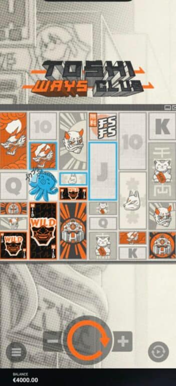 Toshi Ways Club slot game mobile screenshot showing 6x10 grid with Win & Replace mechanics, Japanese manga-style characters, wild symbols, and blue Win Markers highlighting winning positions