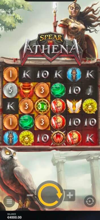 Spear of Athena slot game mobile screenshot showing 6x5 grid with Greek mythology symbols including Athena, owls, lions, and Fortune Mechanic coin symbols
