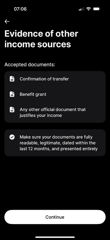 Revolut app screen titled "Evidence of other income sources," listing accepted documents — confirmation of transfer, benefit grant, or any other official document that justifies income — with a note that documents must be readable, legitimate, dated within 12 months, and shown in full