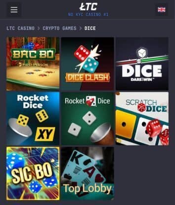 LTC Casino dice games section showing multiple crypto dice options including Rocket Dice and Dice Clash as alternatives to closed Primedice
