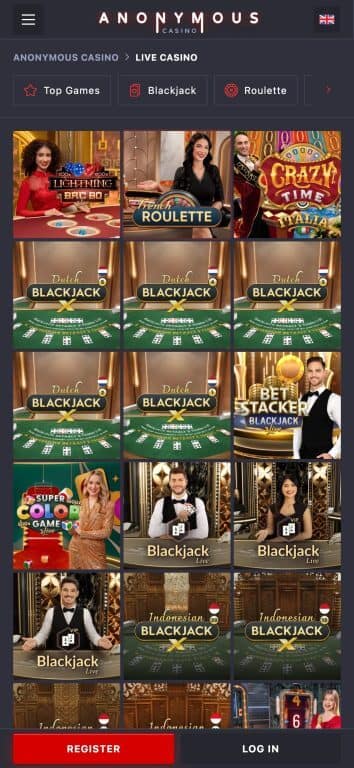 CryptoCasino.CC live dealer games available for XRP players including Lightning Bac Bo, French Roulette, Crazy Time, Dutch Blackjack, Bet Stacker Blackjack, Super Color Game, and Indonesian Blackjack with professional dealers