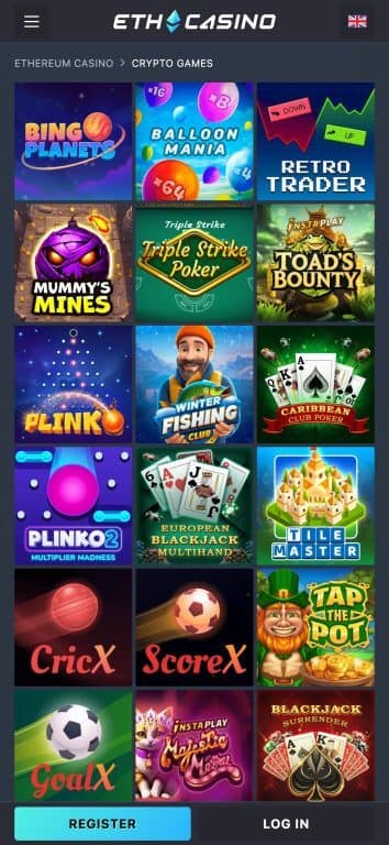 ETH Casino provably fair crypto games available for XRP players including Bingo Planets, Balloon Mania, Retro Trader, Mummy's Mines, Plinko, Triple Strike Poker, Winter Fishing Club, Caribbean Club Poker, European Blackjack Multihand, Tile Master, CricX, ScoreX, GoalX, Majestic Vision, Blackjack Surrender and Tap the Pot
