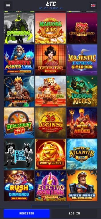 LTC Casino XRP games selection showing popular slots including Spinman, Mahjong Wins, Trinity Power Link, Gentle Fox, Lucky Tiger 1000, Gates of Hades, and other top titles available for XRP players