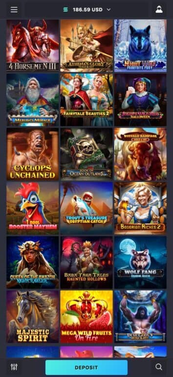 Ethereum Casino's comprehensive Spinomenal slots library displaying Wolf Fang Shadow Realm, Athena's Glory Hold & Hit, Majestic Spirit, Mega Wild Fruits, Demi Gods V, and other high volatility Spinomenal titles