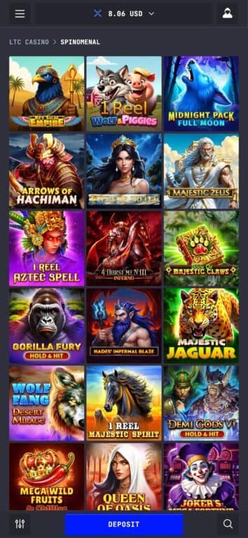 LTC Casino's Spinomenal slots section displaying popular games including Desert Empire, Wolf Piggies, Midnight Pack Full Moon, Majestic Zeus, Queen of Oasis, and other Spinomenal Gaming titles