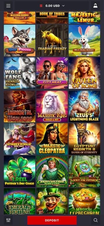 Casino lobby displaying Spinomenal Gaming slots including Wolf Fang Valhalla Rising, Majestic King, Queen of Rome, Majestic Cleopatra, Book of Tribes Extreme, and other popular Spinomenal titles