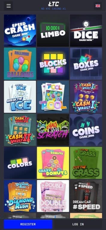 LTC Casino instant games section showing Hacksaw Gaming's Crash, Limbo, Dice and other instant win games with Dare2Win branding