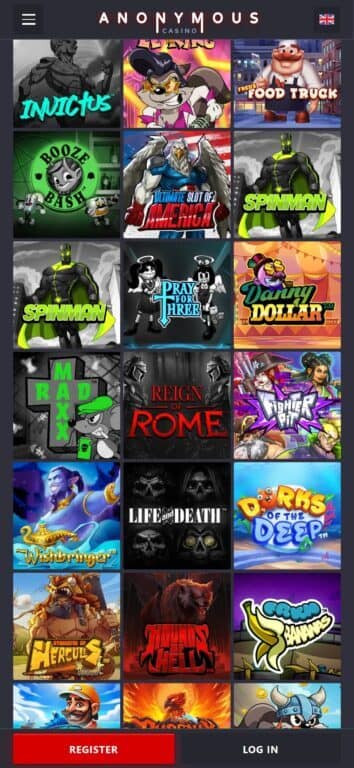 Anonymous Casino slot games page showing popular Hacksaw Gaming titles including Ultimate Slot of America, Spinman, Danny Dollar, and other slots