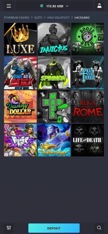 Ethereum Casino's high volatility Hacksaw Gaming slots section showing titles like The Luxe, Invictus, Ultimate Slot of America, and Spinman filtered by volatility
