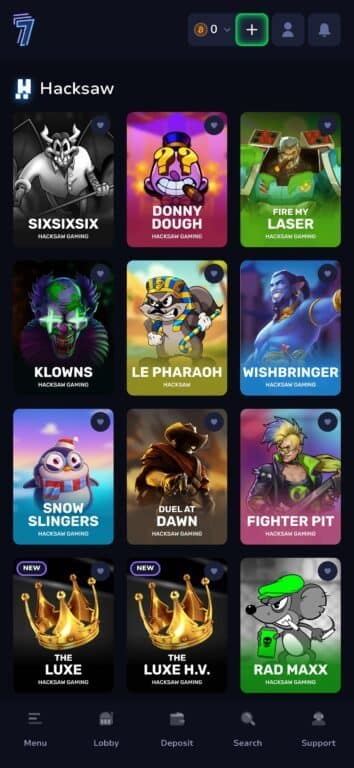 7Bit Casino Hacksaw Gaming slots section showing popular titles including SixSixSix, Donny Dough, Le Pharaoh, and newly released The King