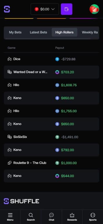 Shuffle casino high rollers tab showing recent big wins on Hacksaw Gaming slots Wanted Dead or a Wild ($703.20) and SixSixSix ($1,491.00 loss)