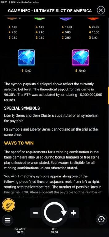 Ultimate Slot of America game information screen showing 96.35% RTP and symbol payouts in a Hacksaw Gaming slot
