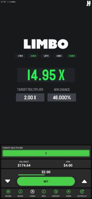 Hacksaw Gaming's Limbo instant win game showing 14.95x multiplier with target of 2.00x and 46% win chance