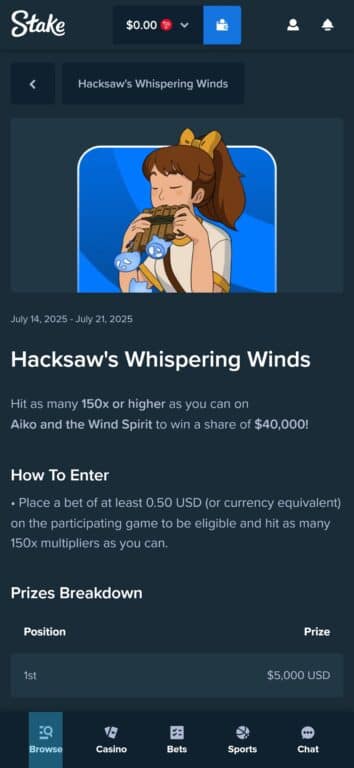 Stake's exclusive Hacksaw Gaming promotion for Whispering Winds slot with $40,000 prize pool requiring 150x multiplier hits