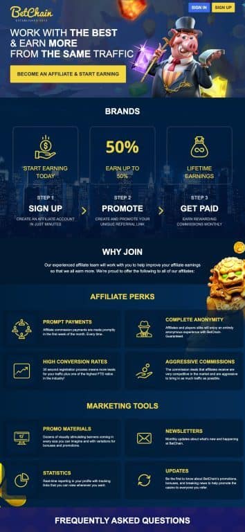 Screenshot of BetChain affiliate program webpage featuring cartoon mascot, 50% commission claim, step-by-step affiliate process, and marketing tools overview