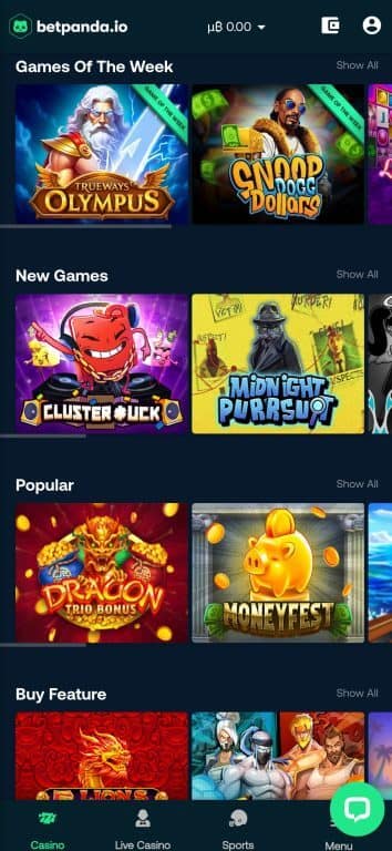 Betpanda casino game lobby showing categorized slots including Games of the Week, New Games, Popular titles, and Buy Feature sections with games like Trueways Olympus and Snoop Dogg Dollars