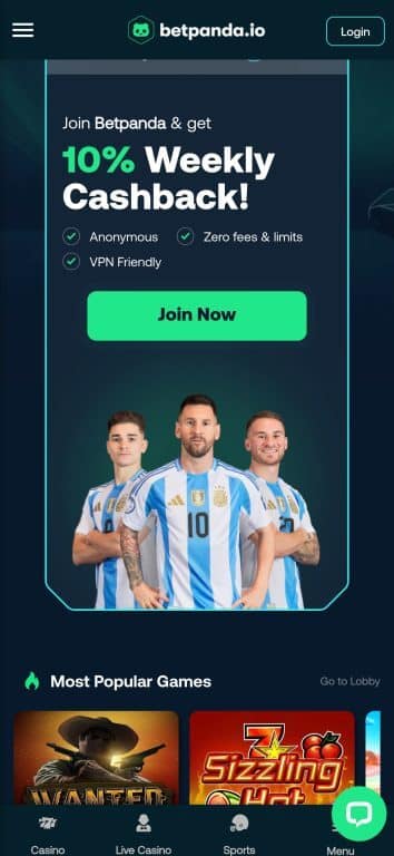Betpanda casino homepage showing 10% weekly cashback promotion with anonymous gaming, VPN-friendly access, and popular slot games including Wanted Dead or a Wild and Sizzling Hot