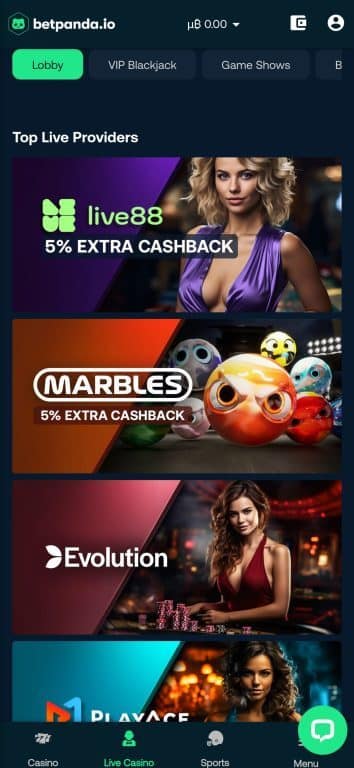 Betpanda live casino section displaying top providers including Live88, Marbles, Evolution Gaming, and Playace with 5% extra cashback promotions and live dealer games