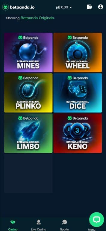 Betpanda Original games collection showing six in-house developed games: Mines, Wheel, Plinko, Dice, Limbo, and Keno with colorful modern designs