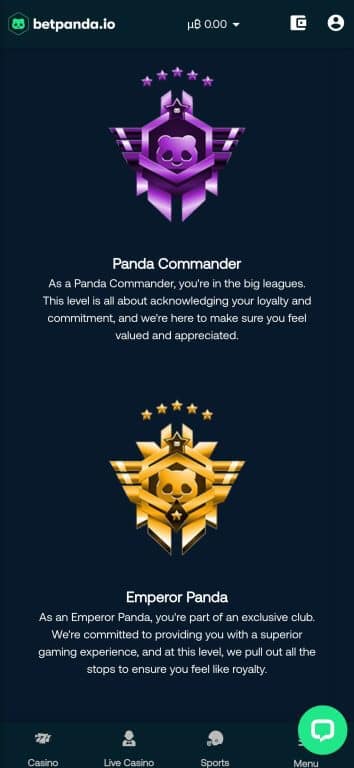 etpanda VIP program showing Panda Commander and Emperor Panda tiers with distinctive badges and descriptions of exclusive benefits for high-level players