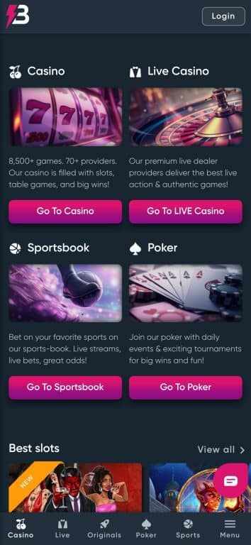 BetPlay Casino mobile interface showing 8,500+ games, live casino, sportsbook and poker sections with colorful game graphics