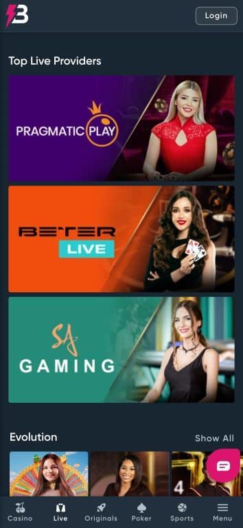 BetPlay Casino live dealer section featuring top providers Pragmatic Play, BETER Live, and SA Gaming with professional female dealers in casino studios