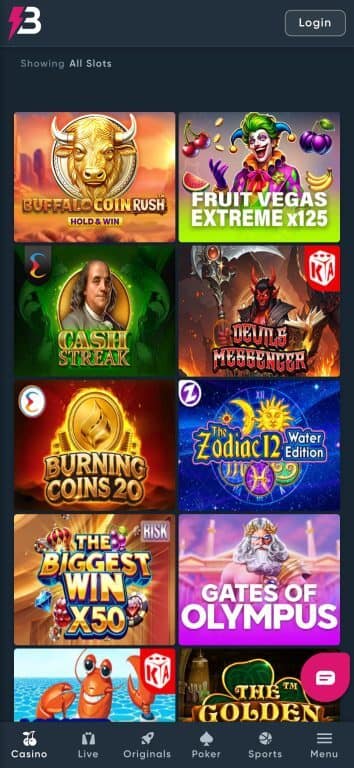 BetPlay Casino slots selection showing popular games including Buffalo Coin Rush, Fruit Vegas Extreme, Cash Streak, Devil's Messenger, Burning Coins 20, and Gates of Olympus