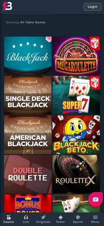 BetPlay Casino table games selection showing BlackJack, Mega Roulette, Single Deck Blackjack, American Blackjack, Super 7, Double Roulette, Roulette X, and Bonus Poker variants