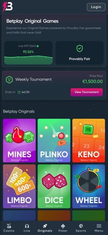 BetPlay Original Games section showing 93.56% RTP, provably fair guarantee, €1,500 weekly tournament, and games including Mines, Plinko, Keno, Limbo, Dice, and Wheel