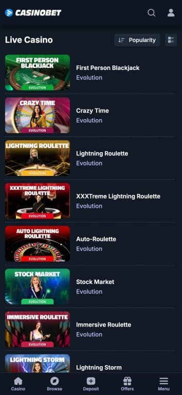 CasinoBet mobile live casino page showing Evolution Gaming games including First Person Blackjack, Crazy Time game show, Lightning Roulette, XXXTreme Lightning Roulette, Auto-Roulette, Stock Market trading game, Immersive Roulette, and Lightning Storm, all featuring live dealers and interactive gameplay