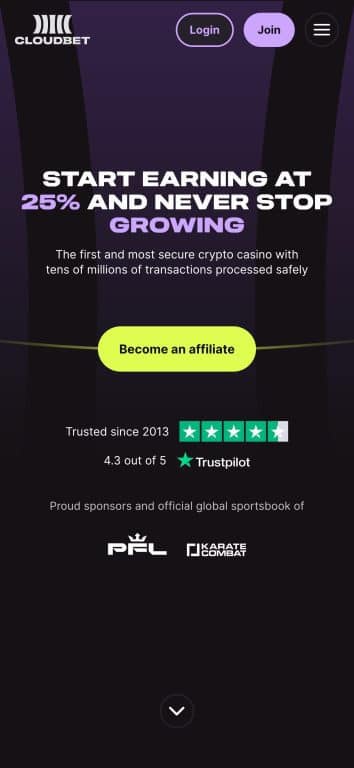 Cloudbet affiliate program mobile landing page showing 25% commission rate and crypto casino features