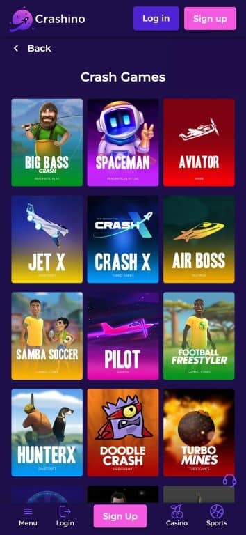 Screenshot of Crashino's Crash Games category page showing a grid layout of 12 gambling games including Big Bass Crash, Spaceman, Aviator, Jet X, Crash X, Air Boss, Samba Soccer, Pilot, Football Freestyler, Hunter X, Doodle Crash, and Turbo Mines, with purple theme interface and navigation menu at bottom