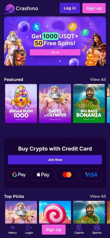 Screenshot of Crashino mobile casino website homepage showing purple-themed interface with sign up bonus offer of 1000 USDT plus 50 free spins, featured slot games including Sugar Rush 1000 and Gates of Olympus, cryptocurrency payment options, and navigation menu at bottom