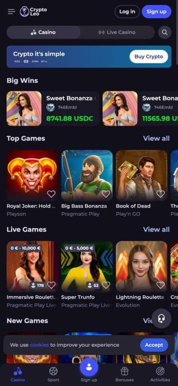 Screenshot of CryptoLeo online casino homepage showing navigation menu, recent big wins from Sweet Bonanza slot game, top games section featuring Royal Joker and Big Bass Bonanza, and live casino games with active player counts