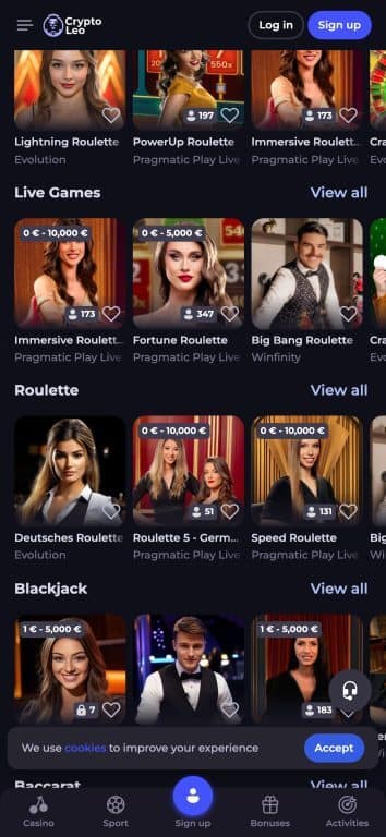 CryptoLeo live casino page showing various game categories including Live Games with roulette tables showing active player counts, Roulette section with betting limits from 0€-10,000€, Blackjack games with 1€-5,000€ limits, and live dealers from Evolution, Pragmatic Play Live, and Winfinity providers