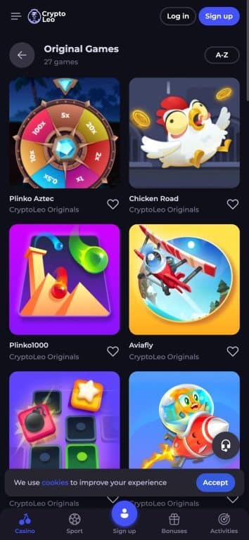CryptoLeo Original Games page displaying 27 proprietary casino games including Plinko Aztec (wheel of fortune style game), Chicken Road (cartoon chicken with coins), Plinko1000 (colorful ball drop game), Aviafly (airplane crash game), and other CryptoLeo Originals with heart-shaped favorite buttons