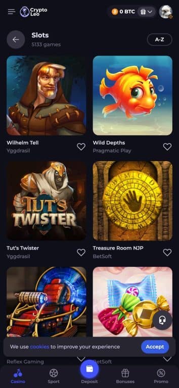 CryptoLeo casino slots page showing 5133 available games including Wilhelm Tell by Yggdrasil, Wild Depths by Pragmatic Play, Tut's Twister by Yggdrasil, Treasure Room NJP by BetSoft, and other slot games with heart-shaped favorite buttons