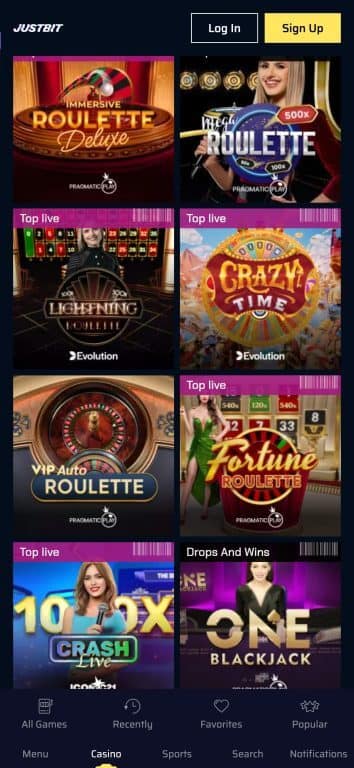 ustBit Casino live casino games featuring Immersive Roulette Deluxe, Mega Roulette with 500x multipliers, Lightning Roulette, Crazy Time, VIP Auto Roulette, Fortune Roulette, Crash Live, and One Blackjack from Evolution Gaming and Pragmatic Play