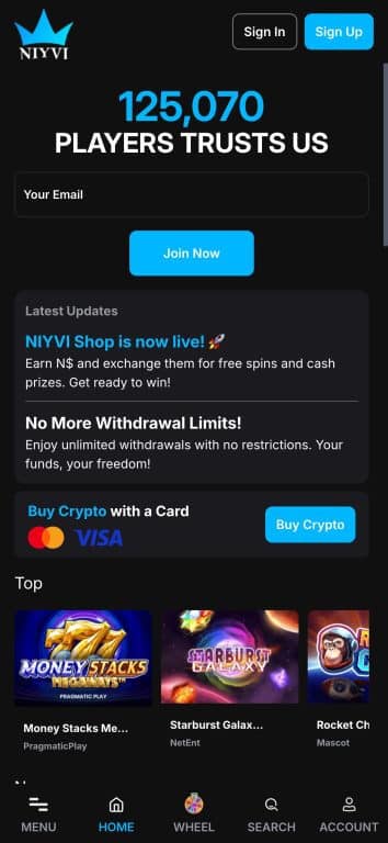 NIYVI Casino homepage showing "125,070 players trusts us" claim, email signup form, promotional updates about NIYVI Shop and unlimited withdrawals, crypto purchase options, and featured slot games including Money Stacks Megaways and Starburst Galaxy