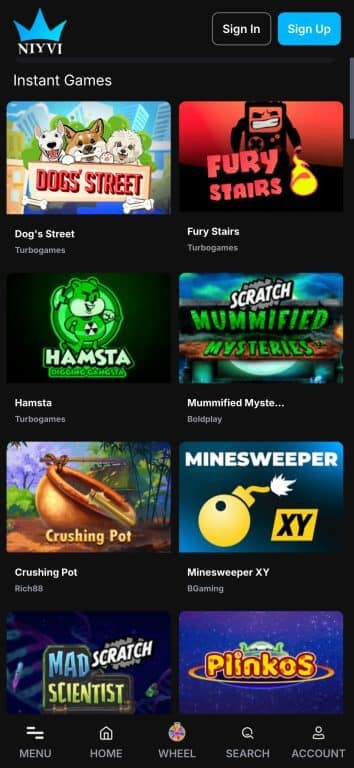 NIYVI Casino instant games section showing various quick-play games including Dog's Street and Fury Stairs from Turbogames, Hamsta from Turbogames, Mummified Mysteries scratch game from Boldplay, Crushing Pot from Rich88, Minesweeper XY from BGaming, Mad Scratch Scientist, and Plinkos