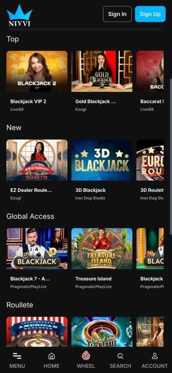 NIYVI Casino live casino games section displaying blackjack variants like Blackjack VIP 2 and Gold Blackjack from Live88 and Ezugi, table games including EZ Dealer Roulette and 3D Blackjack from Iron Dog Studio, Global Access games like Treasure Island from PragmaticPlayLive, and roulette options including American Roulette and Cricket Roulette