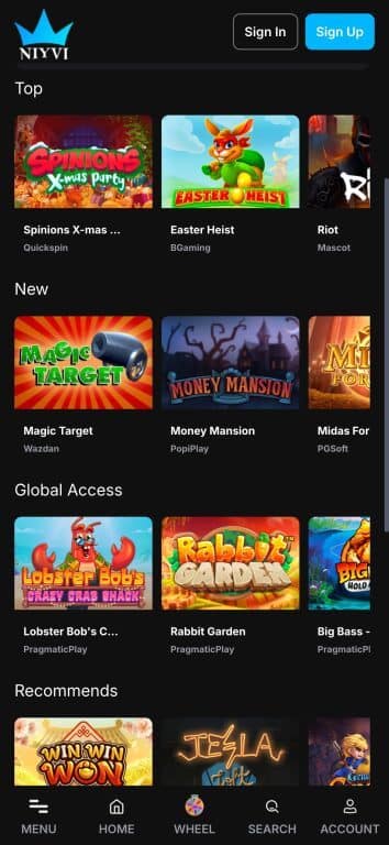 NIYVI Casino games library showing categorized slots including Top games like Spinions X-mas Party and Easter Heist, New releases like Magic Target and Money Mansion, Global Access games like Lobster Bob's Crazy Crab Shack and Rabbit Garden, and Recommends section with Win Win Won and Tesla Jolt