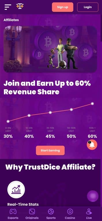 Screenshot of TrustDice affiliate program webpage displaying tiered commission rates from 30% to 60% with purple branding and crypto-themed graphics