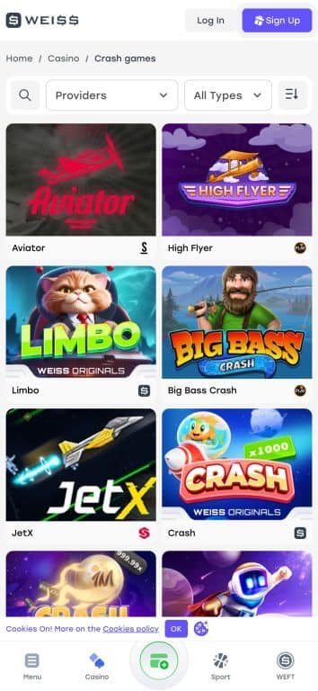 Weiss Casino crash games section showing popular titles including Aviator with red plane logo, High Flyer, Limbo (WEISS Originals), Big Bass Crash fishing-themed game, JetX space fighter, and Crash (WEISS Originals) with x1000 multiplier display