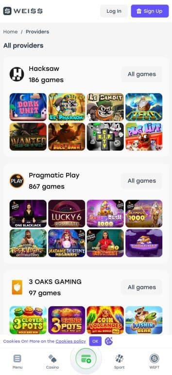 Weiss Casino game providers page displaying Hacksaw Gaming with 186 games including Dork Unit and Le Pharaoh, Pragmatic Play with 867 games featuring One Blackjack and Sugar Rush 1000, and 3 Oaks Gaming with 97 games like 3 Clover Pots and Coin Volcanoes