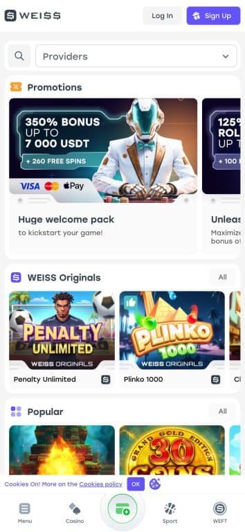 Weiss Casino homepage showing 350% welcome bonus promotion up to 7,000 USDT with 260 free spins, WEISS Originals games including Penalty Unlimited and Plinko 1000, and popular slot games section