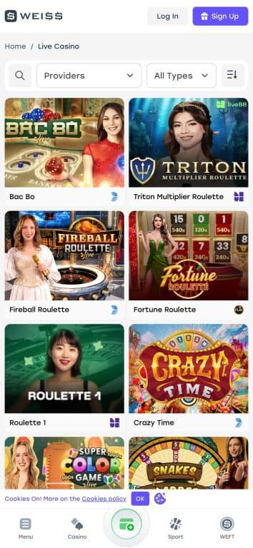 Weiss Casino live casino section featuring professional dealers in games like Bac Bo, Triton Multiplier Roulette, Fireball Roulette, Fortune Roulette with visible multipliers, Roulette 1, Crazy Time game show, and Super Color Game Live with 1000x multipliers