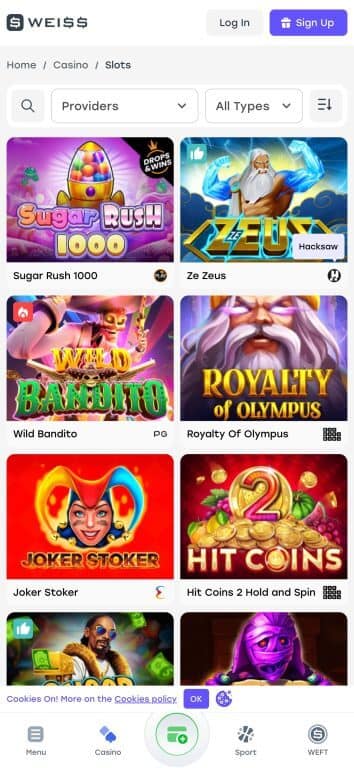 Weiss Casino slots page showing popular games including Sugar Rush 1000 with Drops & Wins feature, Ze Zeus by Hacksaw Gaming, Wild Bandito, Royalty of Olympus, Joker Stoker, and Hit Coins 2 Hold and Spin with provider filtering options