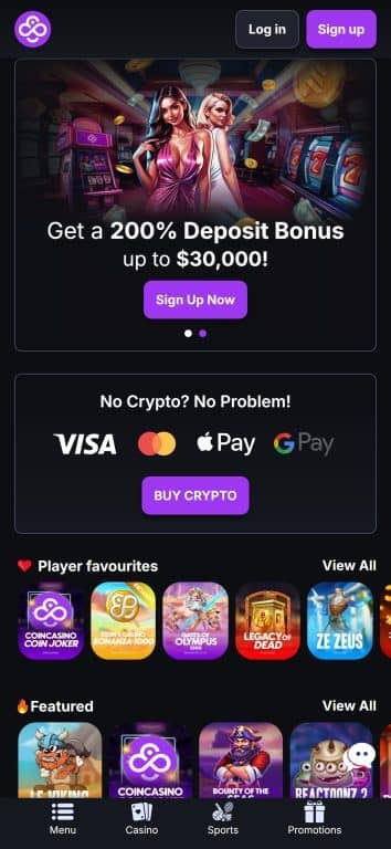 CoinCasino mobile homepage showing 200% deposit bonus up to $30,000 welcome offer with casino game illustrations and crypto payment options