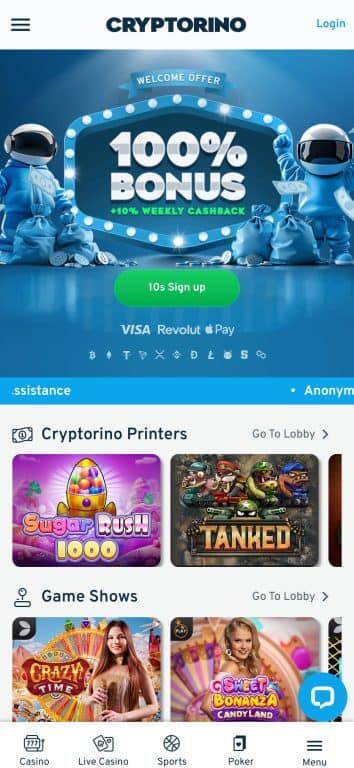 Cryptorino casino homepage featuring 100% welcome bonus with 10% weekly cashback, astronaut mascots, cryptocurrency payment options, and game lobbies including Sugar Rush 1000 and Tanked slots